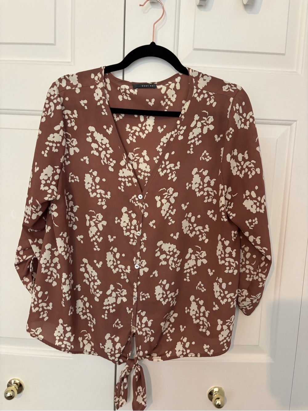 West Kei Mauve Brown Floral Button-Tie Blouse